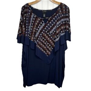 Anywhere by Catherines Geo Bias Navy  Poncho Top Tunic Overlay Duet Top 5X/34-36